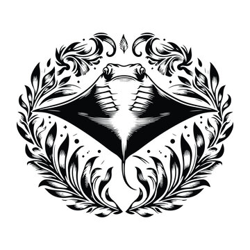 recommend clip art: MantaRay fish with victorian flourish decoration, stencil logo, black and white animal illustration