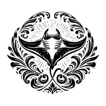 recommend clip art: MantaRay fish with victorian flourish decoration, stencil logo, black and white animal illustration