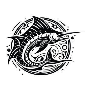 recommend clip art: Marlin fish with art nouveau decoration, stencil logo, black and white animal illustration
