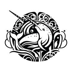 Fototapeta premium Narwhal with art nouveau decoration, stencil logo, black and white animal illustration