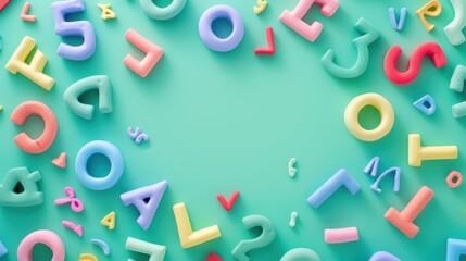 Colorful Letters and Shapes on Green Background.