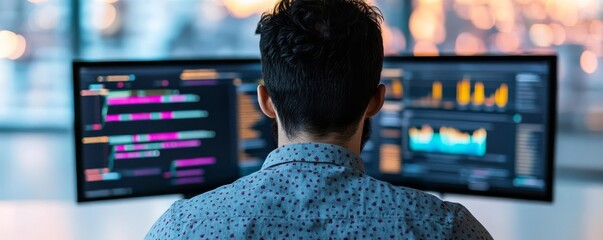 Man with dual monitors showing different tasks, multitasking, tech-savvy productivity