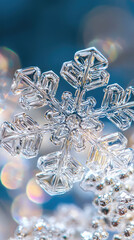 Fototapeta premium A delicate and intricate snowflake, frozen in time, its delicate crystalline structure showcasing the beauty of nature's wintery artistry.