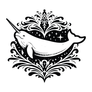 recommend clip art: Narwhal with victorian flourish decoration, stencil logo, black and white animal illustration