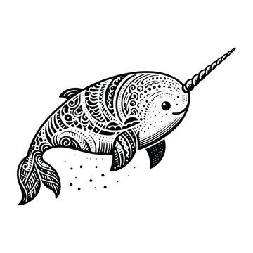 recommend clip art: Narwhal in zentangle art, stencil logo, black and white animal illustration