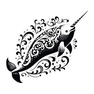 recommend clip art: Narwhal with victorian flourish decoration, stencil logo, black and white animal illustration