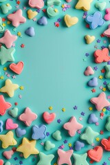Fototapeta premium Colorful Hearts and Stars on a Blue Background.