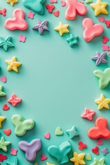 Colorful Hearts and Stars on a Green Background.