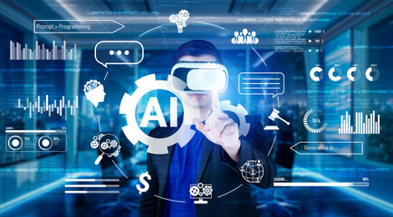Smart project manager pointing at AI chat hologram and wearing headset at modern office....