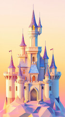 Obraz premium A majestic fairytale castle, bathed in the warm hues of a sunset, evokes a sense of wonder and magic.