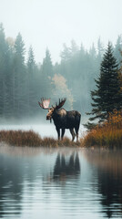 Majestic moose standing in a misty Algonquin Park lake.