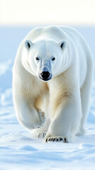 Fototapeta premium A majestic polar bear walks across the tundra in Churchill, Manitoba, its white fur blending seamlessly with the snow. It seems to be both powerful and curious, watching the world around it with its s