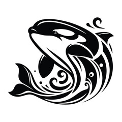 orca fish with art nouveau decoration, stencil logo, black and white animal illustration