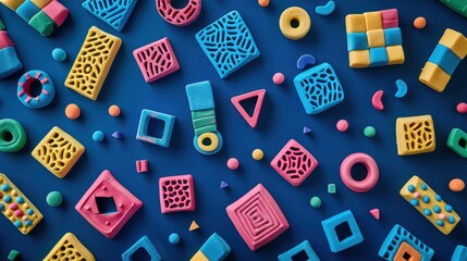 Photo of plasticine shaped into geometric patterns, isolated on a dark blue background