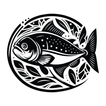 recommend clip art: piranha fish with art nouveau decoration, stencil logo, black and white animal illustration