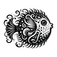 Pufferfish with victorian flourish decoration, stencil logo, black and white animal illustration