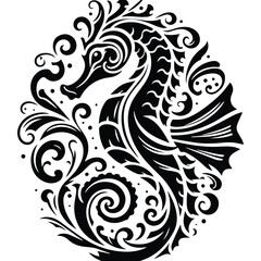 Fototapeta premium Seahorse with victorian flourish decoration, stencil logo, black and white animal illustration