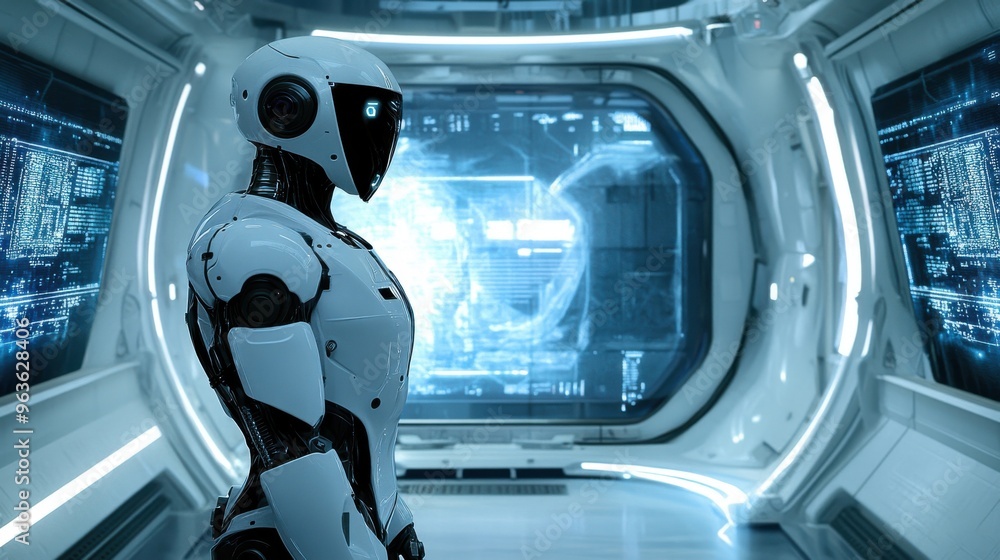 Poster a humanoid robot stands in a futuristic laboratory, displaying advanced technology and digital scree
