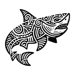 Fototapeta premium Shark fish in zentangle art, stencil logo, black and white animal illustration