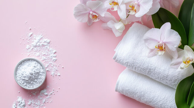 "Laundry concept featuring clean linen and an orchid next to washing powder, set against a pink background. Top view."