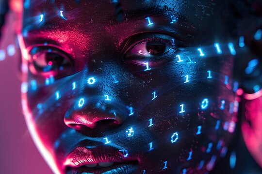 Black Girl Close up with Neon Binary Number on her Face, Ai Generated
