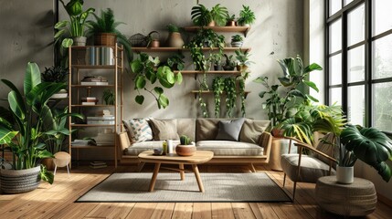 Fototapeta premium Scandinavian-style Living Room Decor with Wooden Furniture and Greenery