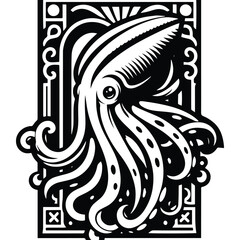 Squid with art nouveau decoration, stencil logo, black and white animal illustration