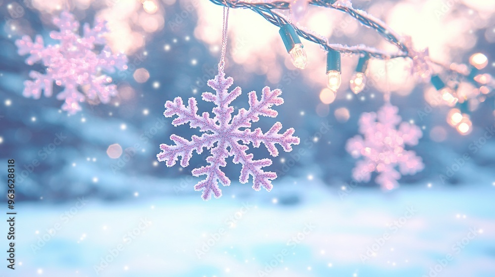 Poster a snowflake dangles from a tree limb amidst a fuzzy background of snowflakes and lights