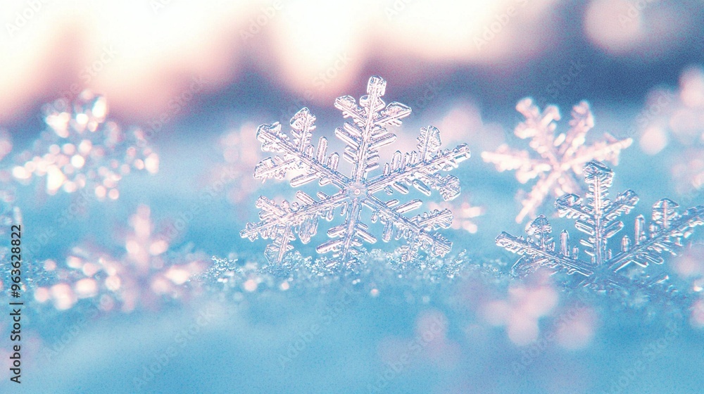 Poster a snowflake cluster resting on a snowy terrain surrounded by a hazy sky
