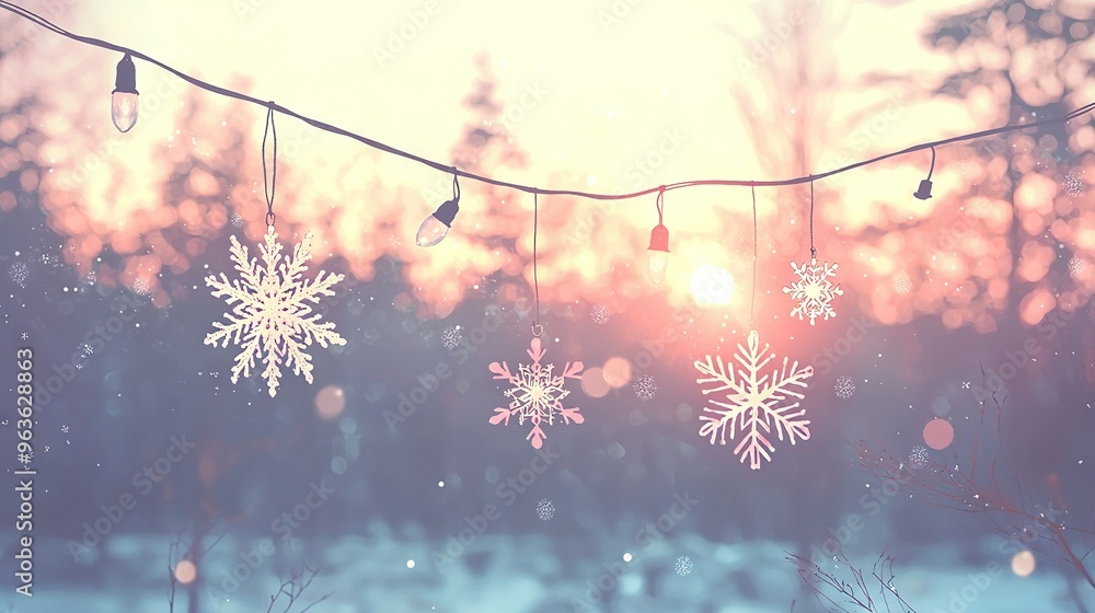 Poster a string of snowflakes descending from a rope in front of a snow-covered woodland with an orange sky