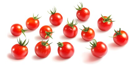 Realistic spread of cherry tomatoes on a white background, showcasing their bright red color and smooth, glossy skin