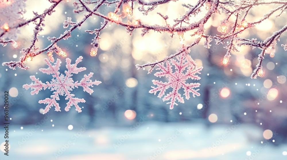 Poster a snow-laden tree branch with snowflakes dangling in front of a hazy backdrop