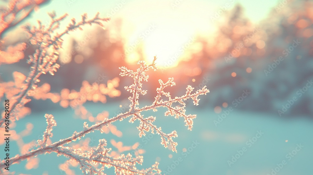 Poster a clear and focused photo of a frosted tree branch with the sun behind, surrounded by trees in the b