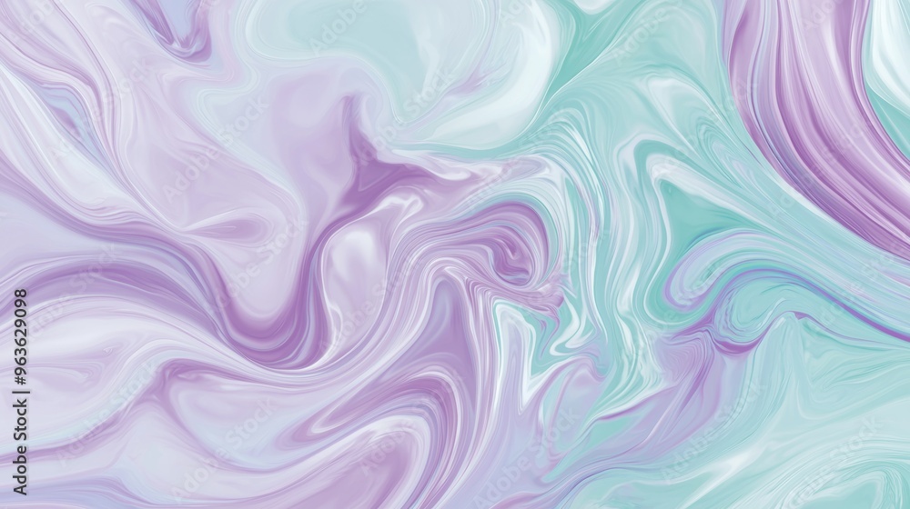 Poster liquid paint mixing, creating a marble effect with dynamic wavy swirls in pastel colors. this abstra