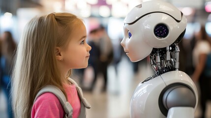 A child interacts with a humanoid robot in a busy modern terminal designed for technological exploration in the afternoon