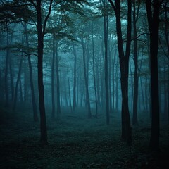 Obraz premium A misty, dark forest scene with tall, shadowy trees creating an eerie atmosphere, ideal for themes of mystery, horror, or nature,