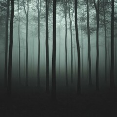 A dense forest with tall, slender trees and a thick mist creating an eerie atmosphere ideal for themes of mystery, suspense, and solitude in advertisements, environmental campaigns