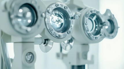"Close-up of a phoropter, an ophthalmic testing device machine."