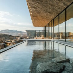 Fototapeta premium A modern architectural marvel, this house features expansive glass walls, a serene infinity pool, and breathtaking mountain views, perfect for luxury real estate promotions, travel brochures