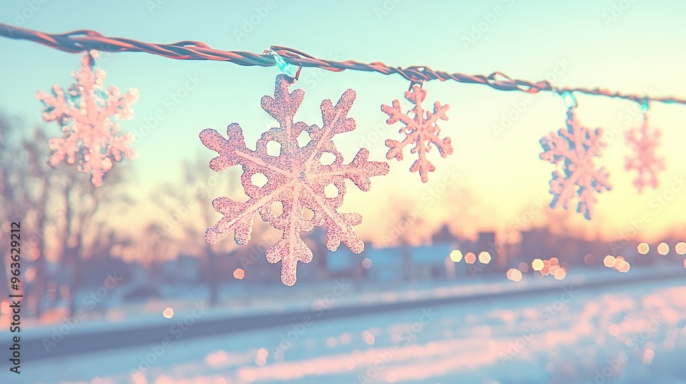 Poster snowflakes adorn a skyline as trees frame the view in the foreground
