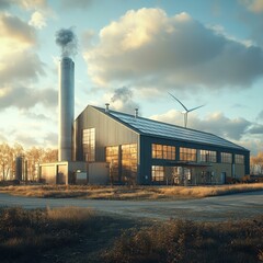 Fototapeta premium An industrial factory with solar panels and a wind turbine in a rural setting under a cloudy sky, suitable for illustrating sustainable energy and industrial concepts,