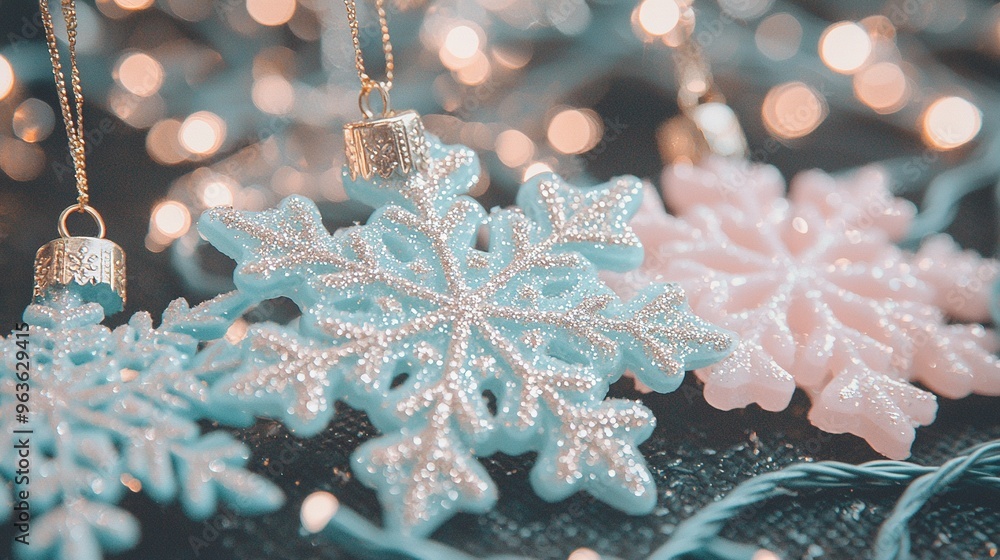 Poster a zoomed-in image of a snowflake decoration on a table, surrounded by a string of twinkling lights