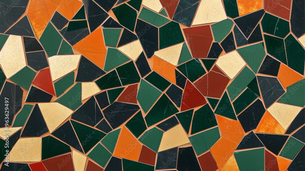 Poster vibrant mosaic pattern made from colorful tiles, forming an abstract geometric design suitable for b