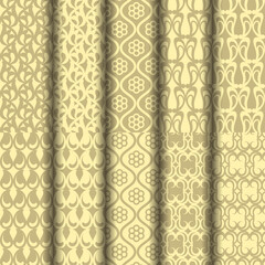 A collection of elegant patterned fabrics in soft beige tones, suitable for textile design and interior decor.