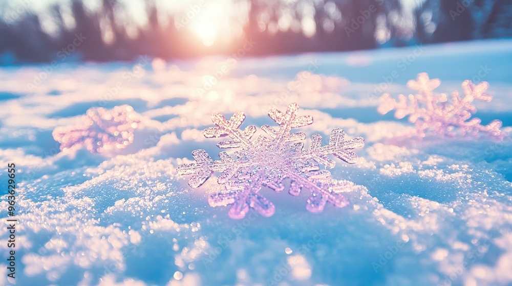 Poster a snowflake on a snowy ground surrounded by trees in the background