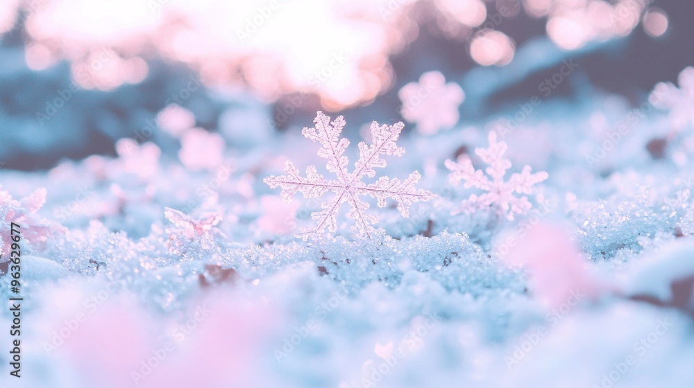 Poster a snowflake-like object in a snowy field surrounded by snowfall