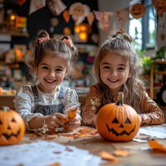 Fototapeta premium Two young girls happily carve pumpkins at a festively decorated table, surrounded by autumn leaves and Halloween decorations, Ideal for seasonal promotions, family activities