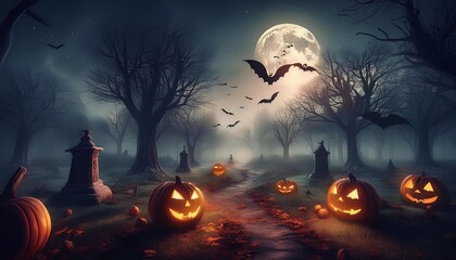halloween background - scary forest at night, pumpkins, skulls, cemetery, moon