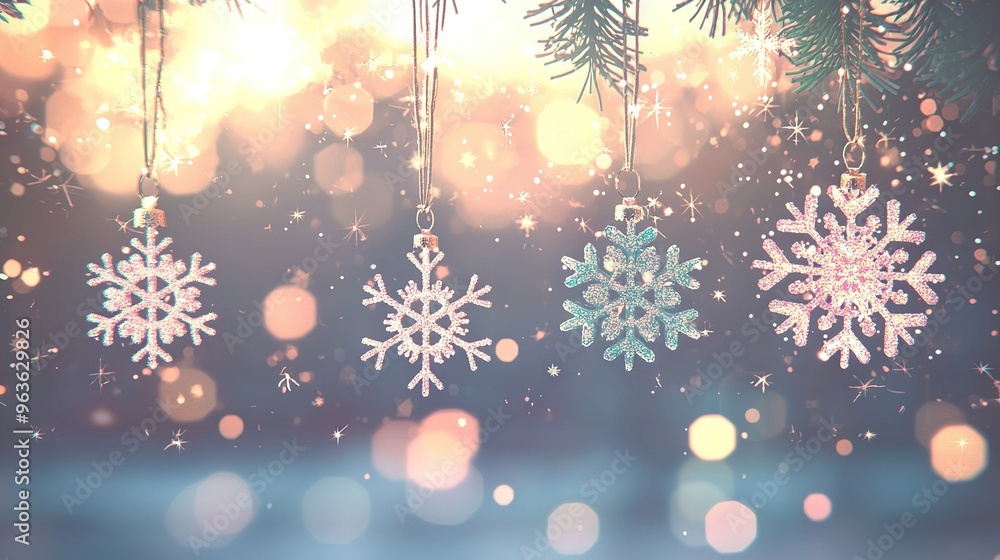 Poster a snowflake cluster dangling from a christmas tree against a blurred snowy backdrop