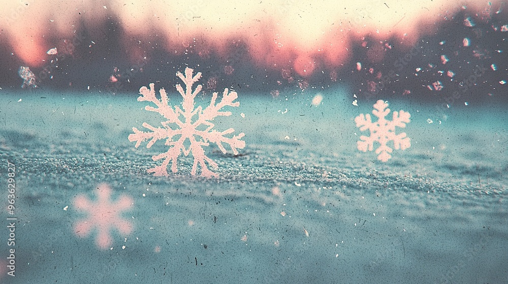Poster a snowflake on a window with trees in the background